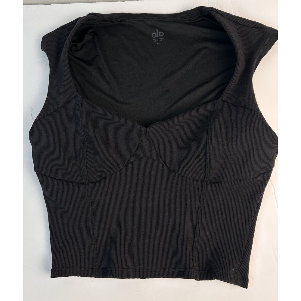 ALO Yoga Womens Size Medium Ribbed Black Sweetheart Cap Short Sleeved Active Top - Picture 2 of 7